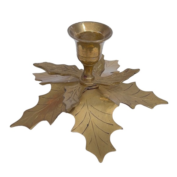 Vintage Brass Christmas Holly Candle Holder Small Candlestick for Taper Candles - Picture 2 of 5